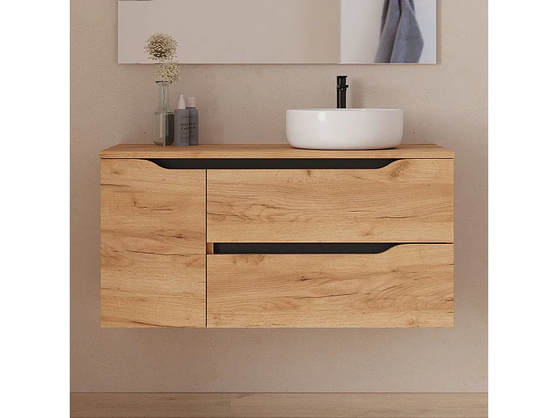 Meuble de salle de bain 100cm avec plateau et vasque à poser à droite Ares - sans miroir - 2 tiroirs et un placard - roble (chêne clair) - ZARZA