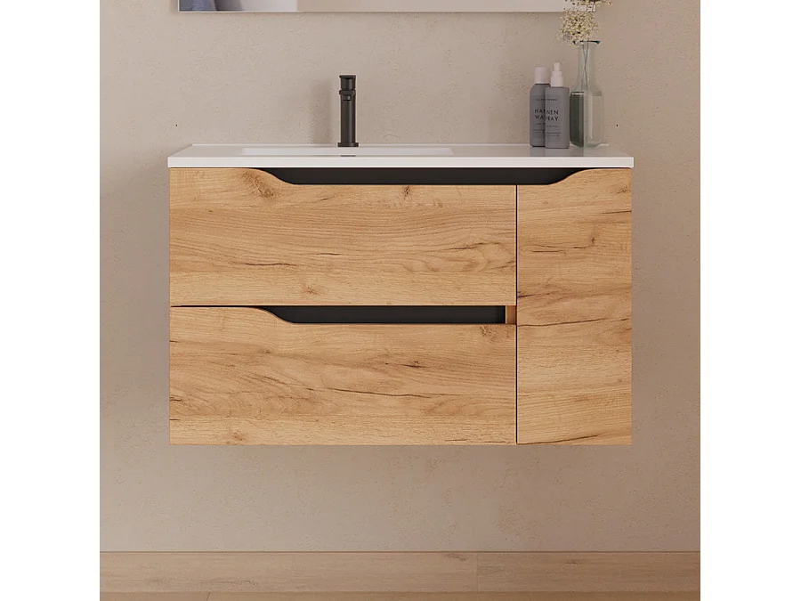 Meuble de salle de bain 80cm avec vasque déportée à gauche - sans miroir - 2 tiroirs et un placard - roble (chêne clair) - ZARZA