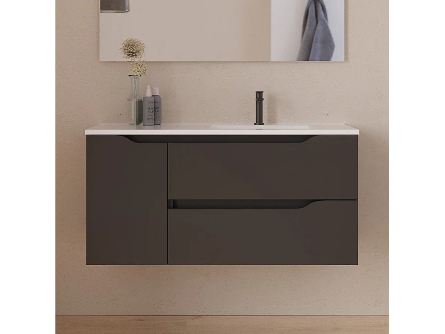 Meuble de salle de bain 120cm avec vasque déportée à droite - sans miroir - 2 tiroirs et un placard - noir - ZARZA