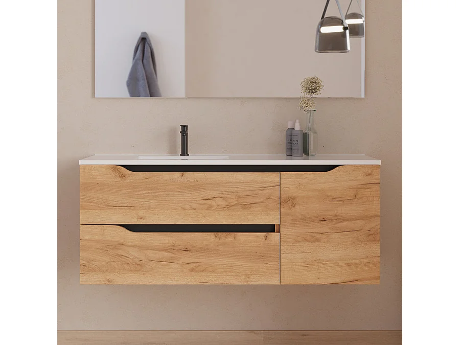 Meuble de salle de bain 120cm avec vasque déportée à gauche - sans miroir - 2 tiroirs et un placard - roble (chêne clair) - ZARZA