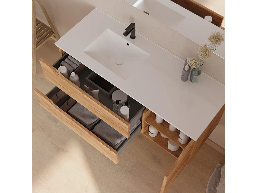 Meuble de salle de bain 120cm avec vasque déportée à gauche - sans miroir - 2 tiroirs et un placard - roble (chêne clair) - ZARZA