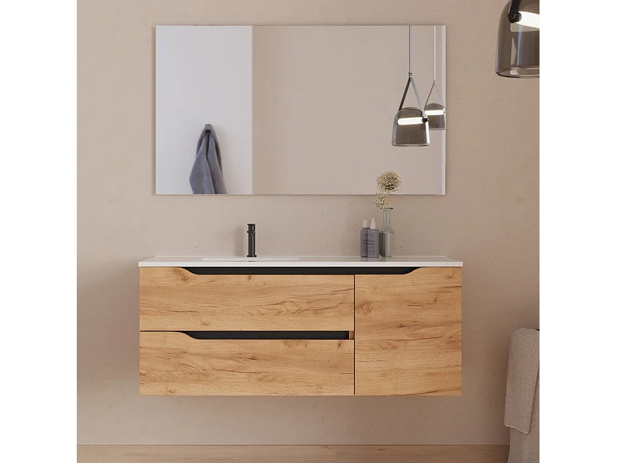 Meuble de salle de bain 120cm avec vasque déportée à gauche - sans miroir - 2 tiroirs et un placard - roble (chêne clair) - ZARZA