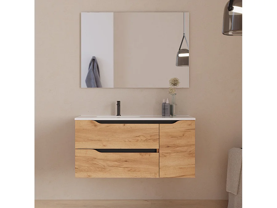 Meuble de salle de bain 100cm avec vasque déportée à gauche - sans miroir - 2 tiroirs et un placard - roble (chêne clair) - ZARZA