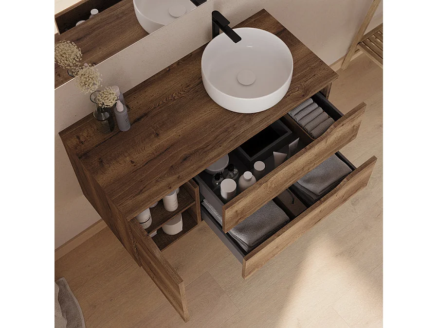 Meuble de salle de bain 100cm avec plateau, vasque à poser déportée à droite Ares et miroir - 2 tiroirs et un placard - tabaco (bois foncé) - ZARZA