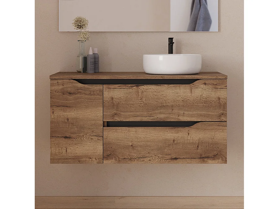 Meuble de salle de bain 100cm avec plateau, vasque à poser déportée à droite Ares et miroir - 2 tiroirs et un placard - tabaco (bois foncé) - ZARZA