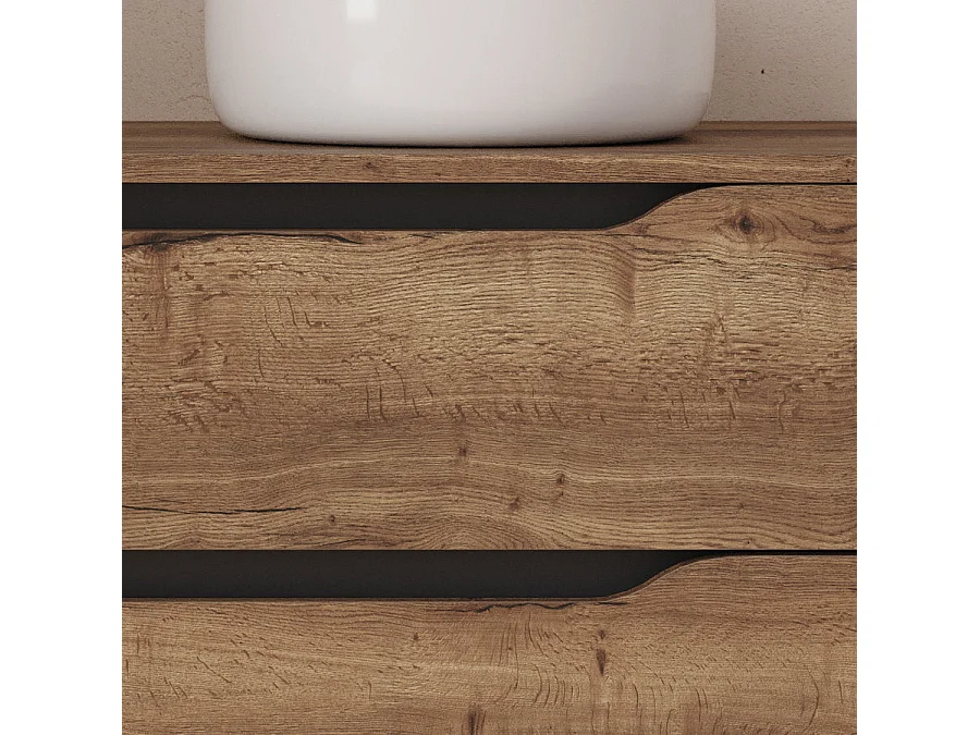 Meuble de salle de bain 100cm avec plateau, vasque à poser déportée à droite Ares et miroir - 2 tiroirs et un placard - tabaco (bois foncé) - ZARZA