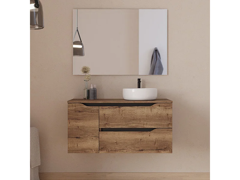 Meuble de salle de bain 100cm avec plateau, vasque à poser déportée à droite Ares et miroir - 2 tiroirs et un placard - tabaco (bois foncé) - ZARZA