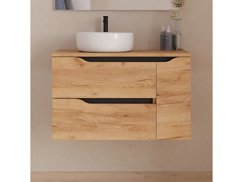 Meuble de salle de bain 80cm avec plateau et vasque à poser à gauche Ares - sans miroir - 2 tiroirs et un placard - roble (chêne clair) - ZARZA