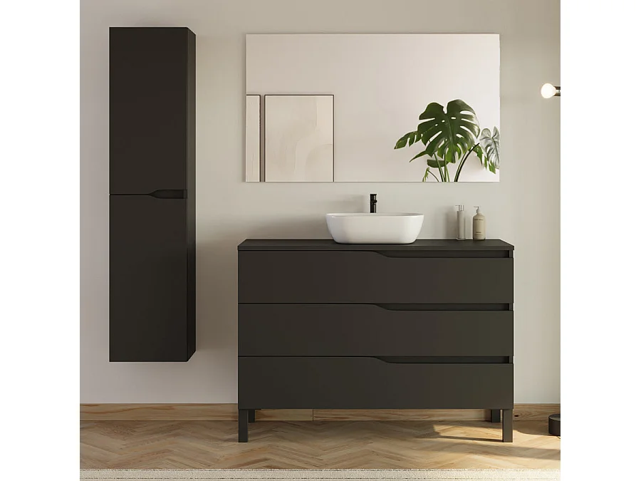 Meuble de salle de bain 120cm avec plateau et vasque ronde Zeus - 3 tiroirs et colonne de rangement - noir mat - MATA