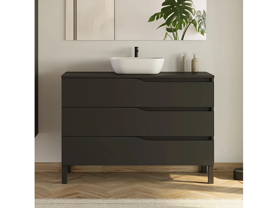 Meuble de salle de bain 120cm avec plateau et vasque ronde Zeus - 3 tiroirs et colonne de rangement - noir mat - MATA