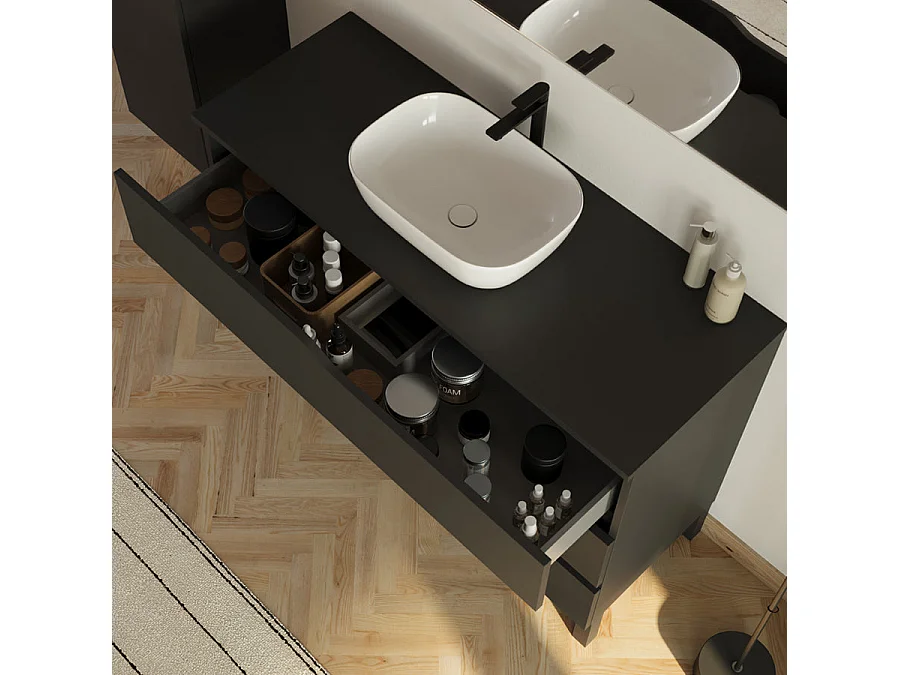 Meuble de salle de bain 120cm avec plateau et vasque ronde Zeus - 3 tiroirs et colonne de rangement - noir mat - MATA