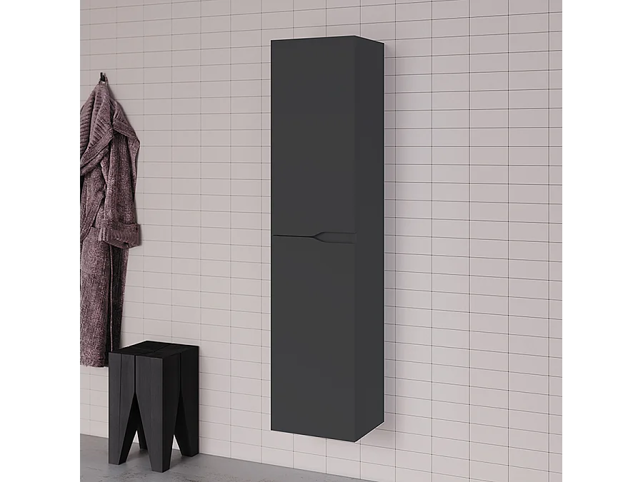 Meuble de salle de bain 120cm avec plateau et vasque ronde Zeus - 3 tiroirs et colonne de rangement - noir mat - MATA