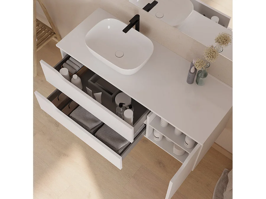 Meuble de salle de bain 120cm avec plateau, vasque à poser déportée à gauche Zeus et miroir - 2 tiroirs et un placard - blanc - ZARZA