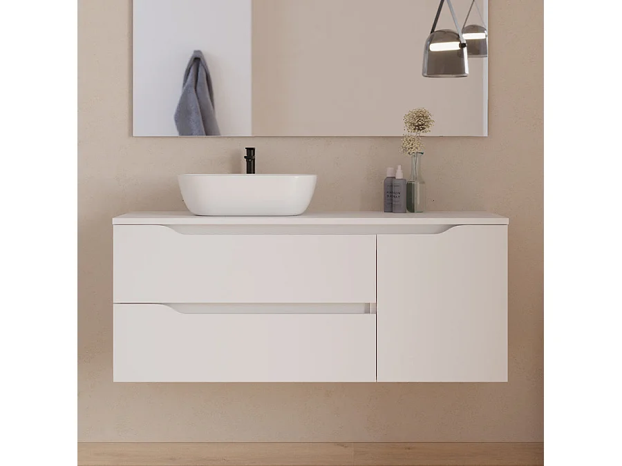 Meuble de salle de bain 120cm avec plateau, vasque à poser déportée à gauche Zeus et miroir - 2 tiroirs et un placard - blanc - ZARZA