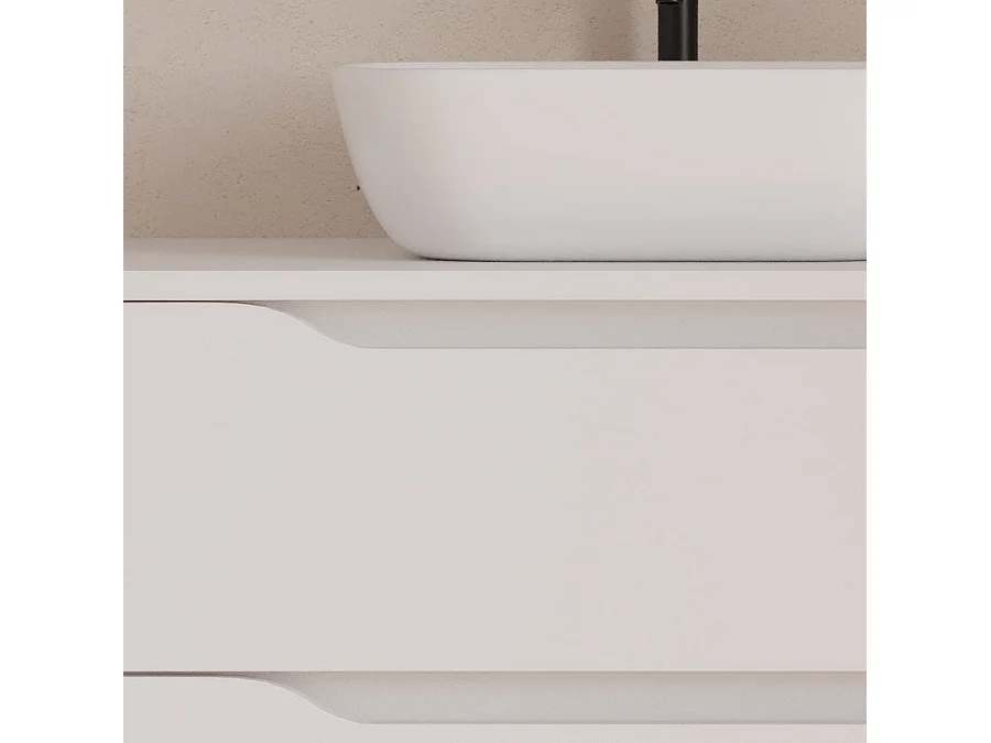 Meuble de salle de bain 120cm avec plateau, vasque à poser déportée à gauche Zeus et miroir - 2 tiroirs et un placard - blanc - ZARZA