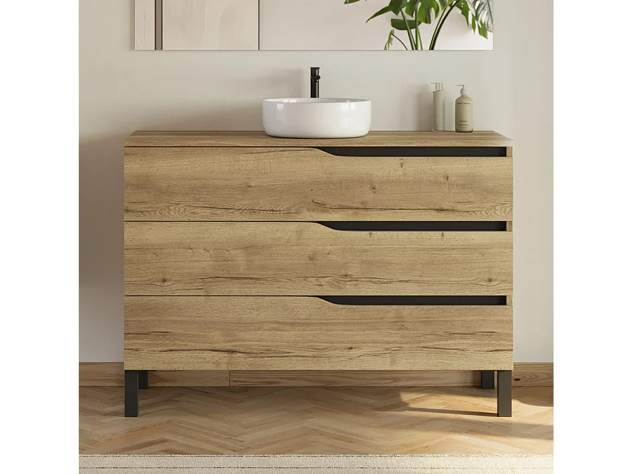 Meuble de salle de bain 120cm avec plateau et vasque ronde Ares - 3 tiroirs et colonne de rangement - madera miel (bois clair) - MATA