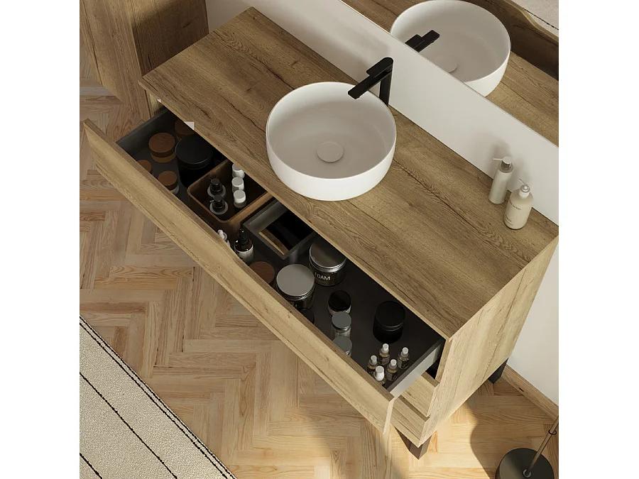 Meuble de salle de bain 120cm avec plateau et vasque ronde Ares - 3 tiroirs et colonne de rangement - madera miel (bois clair) - MATA
