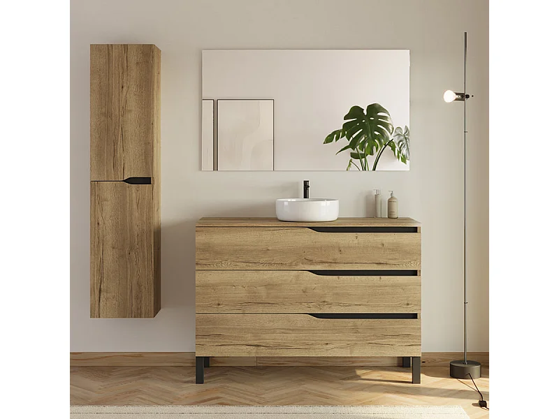 Meuble de salle de bain 120cm avec plateau et vasque ronde Ares - 3 tiroirs et colonne de rangement - madera miel (bois clair) - MATA