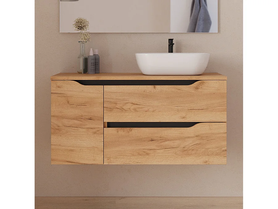 Meuble de salle de bain 100cm avec plateau, vasque à poser déportée à droite Zeus et miroir - 2 tiroirs et un placard - roble (chêne clair) - ZARZA