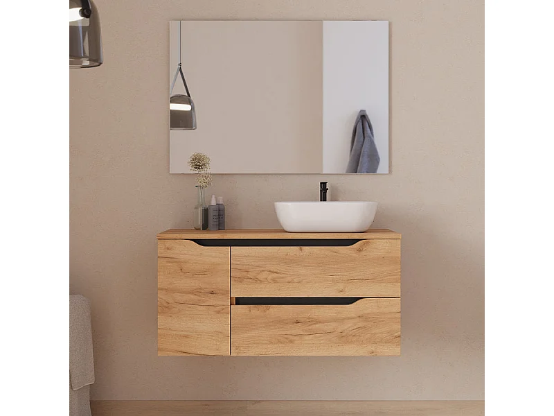 Meuble de salle de bain 100cm avec plateau, vasque à poser déportée à droite Zeus et miroir - 2 tiroirs et un placard - roble (chêne clair) - ZARZA
