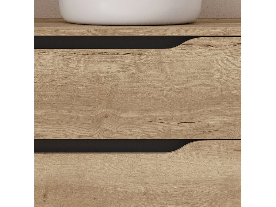 Meuble de salle de bain 80cm avec plateau, vasque à poser déportée à droite Ares et miroir - 2 tiroirs et un placard - madera miel (bois clair) - ZARZA