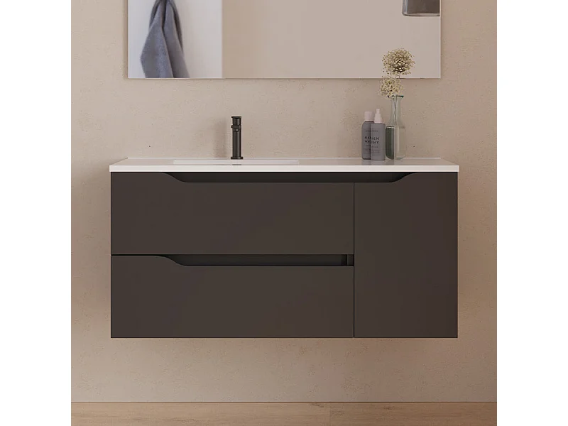 Meuble de salle de bain 100cm avec vasque déportée à gauche - sans miroir - 2 tiroirs et un placard - noir - ZARZA