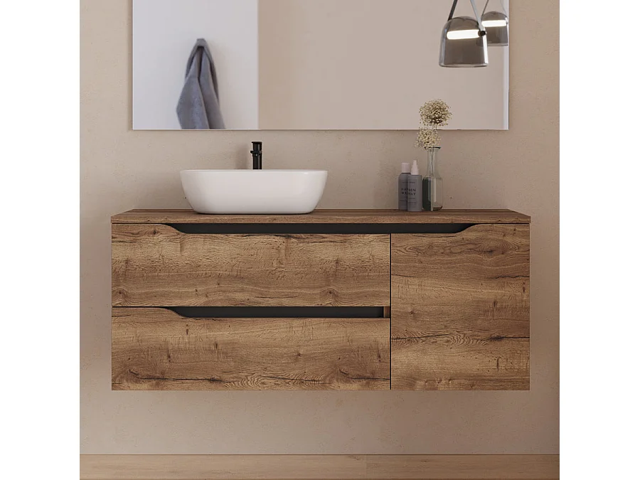 Meuble de salle de bain 120cm avec plateau et vasque à poser à gauche Zeus - sans miroir - 2 tiroirs et un placard - tabaco (bois foncé) - ZARZA