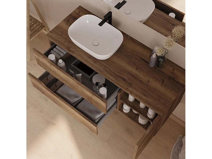 Meuble de salle de bain 120cm avec plateau et vasque à poser à gauche Zeus - sans miroir - 2 tiroirs et un placard - tabaco (bois foncé) - ZARZA