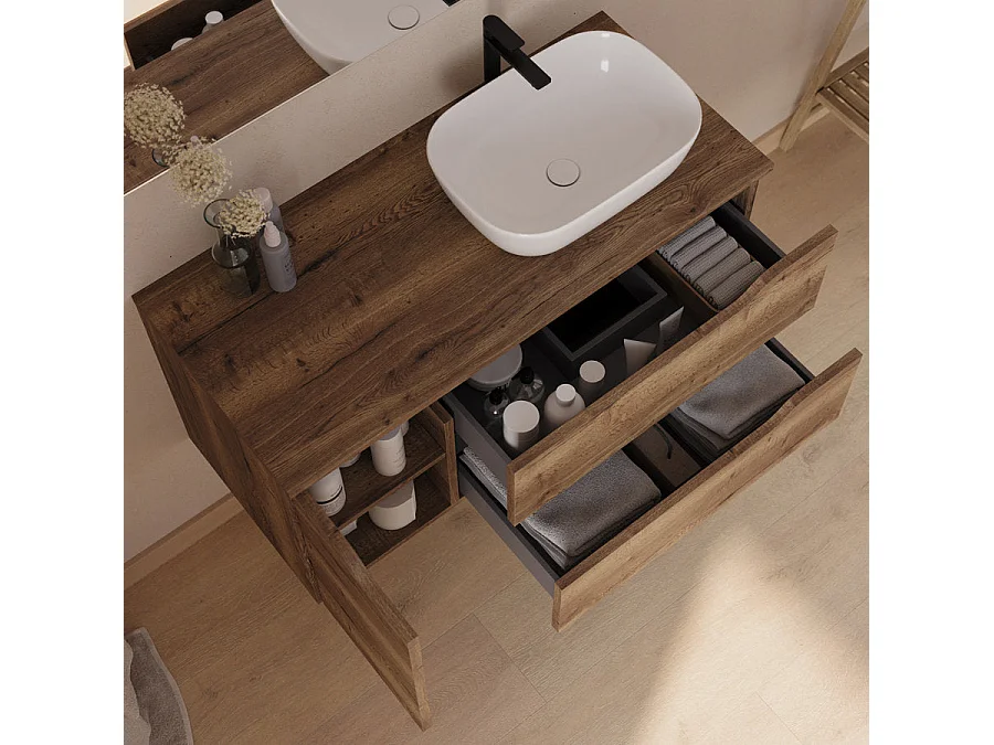 Meuble de salle de bain 100cm avec plateau, vasque à poser déportée à droite Zeus et miroir - 2 tiroirs et un placard - tabaco (bois foncé) - ZARZA