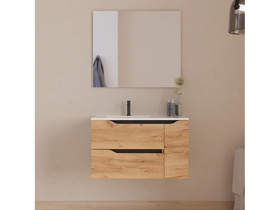 Meuble de salle de bain 80cm avec vasque déportée à gauche et miroir - 2 tiroirs et un placard - roble (chêne clair) - ZARZA