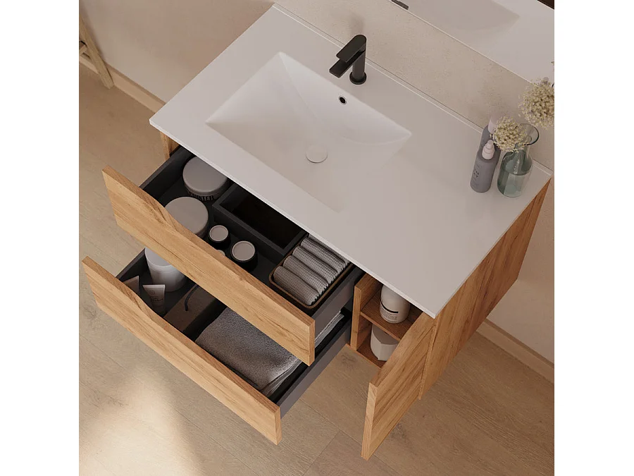 Meuble de salle de bain 80cm avec vasque déportée à gauche et miroir - 2 tiroirs et un placard - roble (chêne clair) - ZARZA