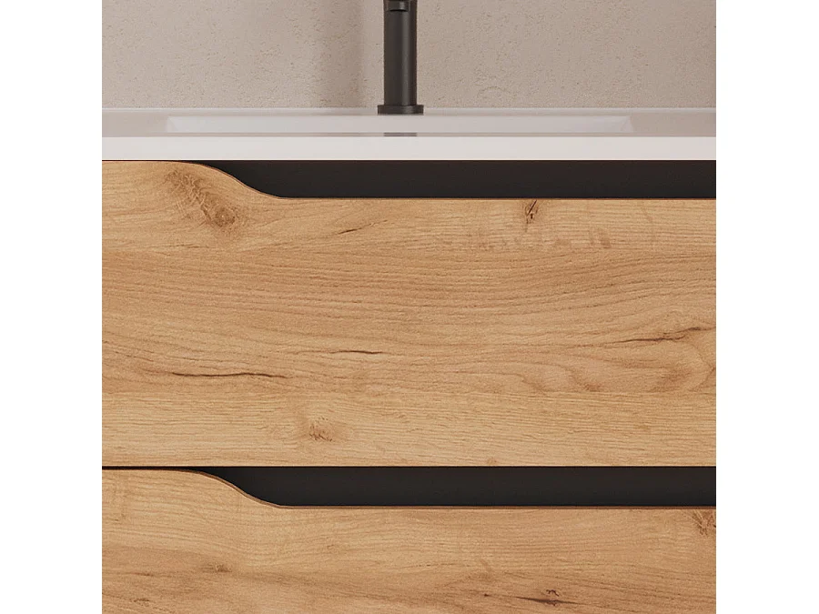 Meuble de salle de bain 80cm avec vasque déportée à gauche et miroir - 2 tiroirs et un placard - roble (chêne clair) - ZARZA