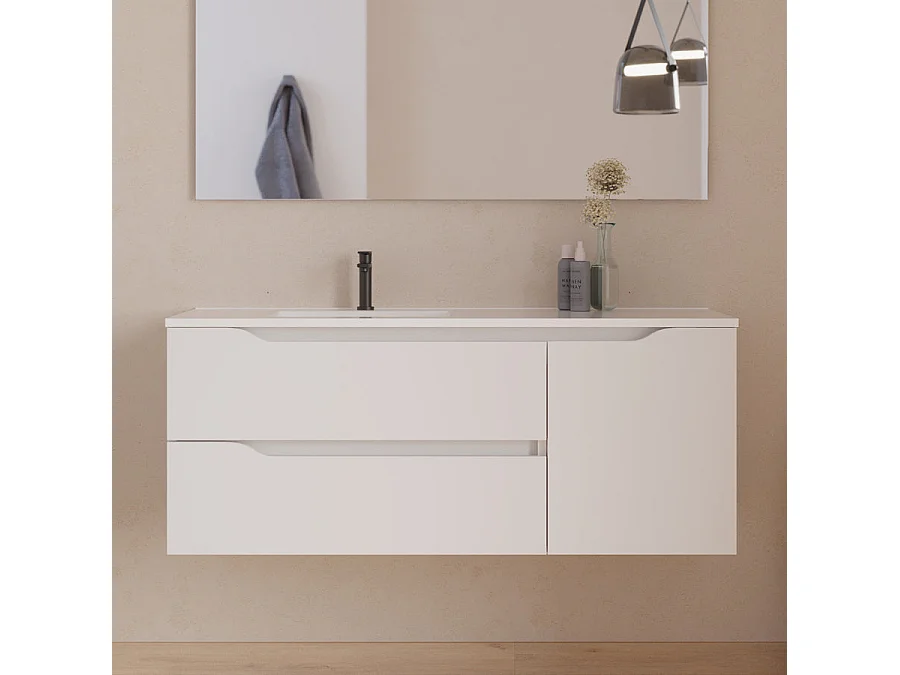 Meuble de salle de bain 120cm avec vasque déportée à gauche et miroir - 2 tiroirs et un placard - blanc - ZARZA