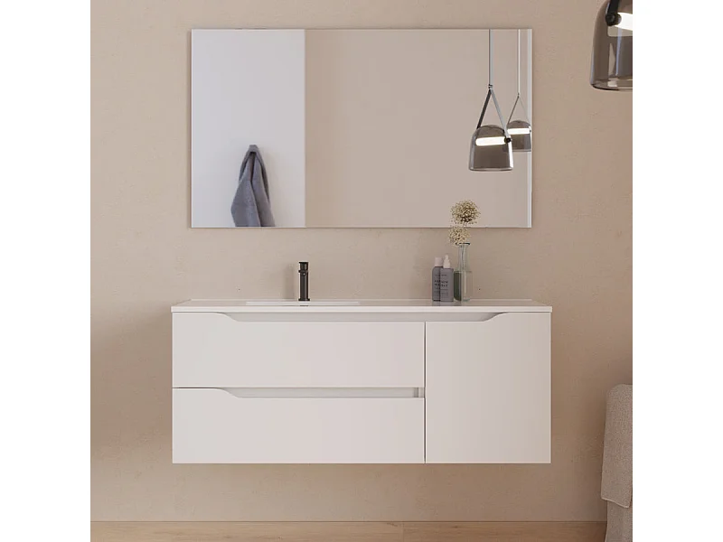 Meuble de salle de bain 120cm avec vasque déportée à gauche et miroir - 2 tiroirs et un placard - blanc - ZARZA
