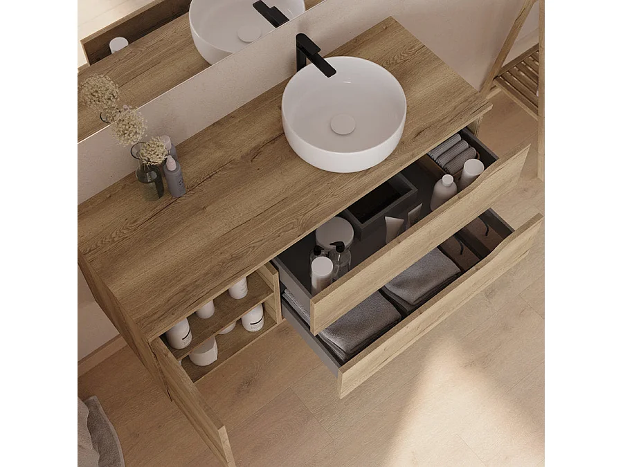 Meuble de salle de bain 120cm avec plateau, vasque à poser déportée à droite Ares et miroir - 2 tiroirs et un placard - madera miel (bois clair) - ZARZA