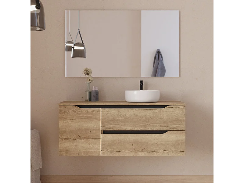 Meuble de salle de bain 120cm avec plateau, vasque à poser déportée à droite Ares et miroir - 2 tiroirs et un placard - madera miel (bois clair) - ZARZA