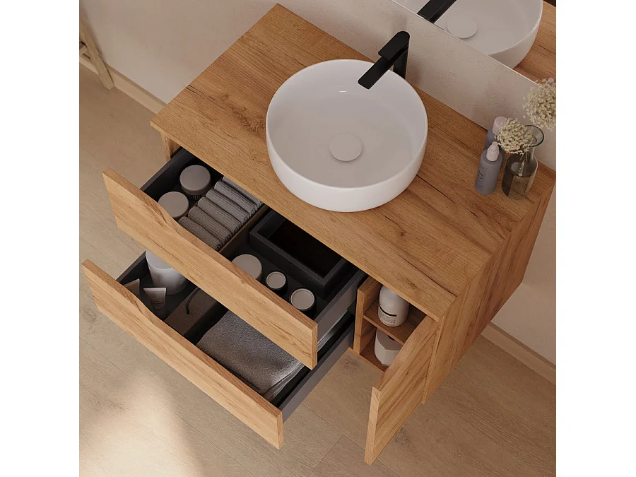 Meuble de salle de bain 80cm avec plateau et vasque à poser centrée Ares - sans miroir - 2 tiroirs et un placard - roble (chêne clair) - ZARZA
