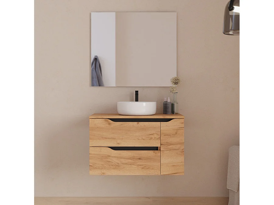 Meuble de salle de bain 80cm avec plateau et vasque à poser centrée Ares - sans miroir - 2 tiroirs et un placard - roble (chêne clair) - ZARZA
