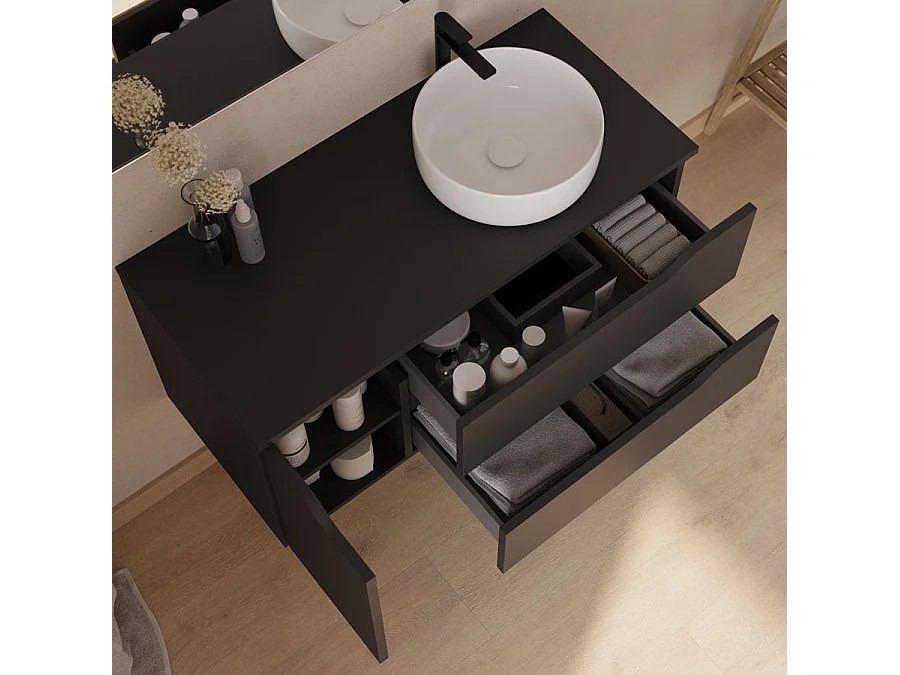 Meuble de salle de bain 100cm avec plateau et vasque à poser à droite Ares - sans miroir - 2 tiroirs et un placard - noir - ZARZA