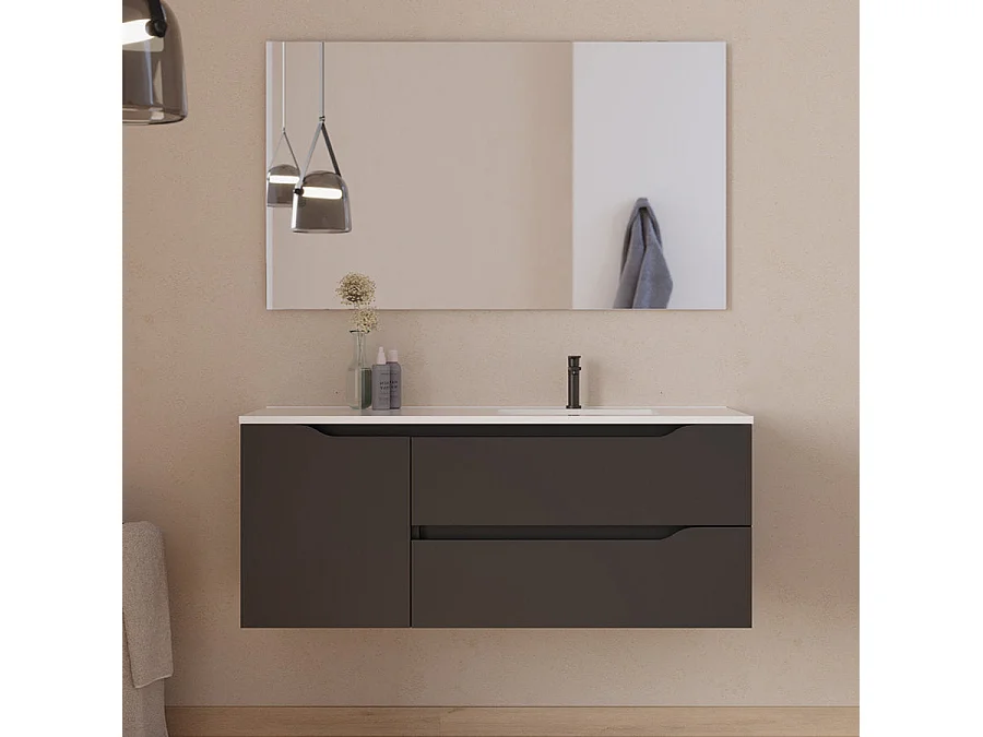 Meuble de salle de bain 120cm avec vasque déportée à droite et miroir - 2 tiroirs et un placard - noir - ZARZA