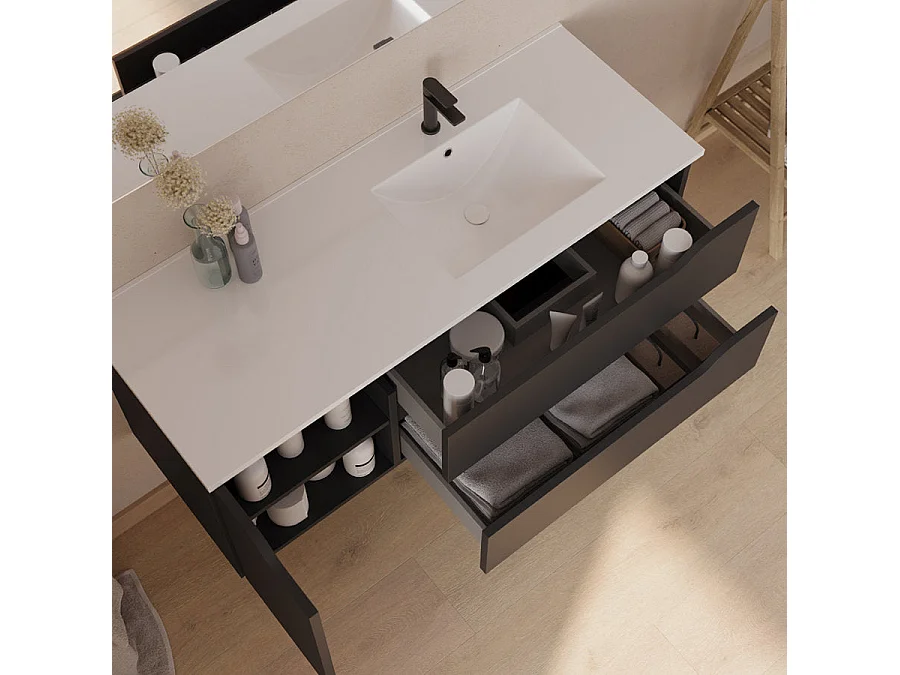 Meuble de salle de bain 120cm avec vasque déportée à droite et miroir - 2 tiroirs et un placard - noir - ZARZA