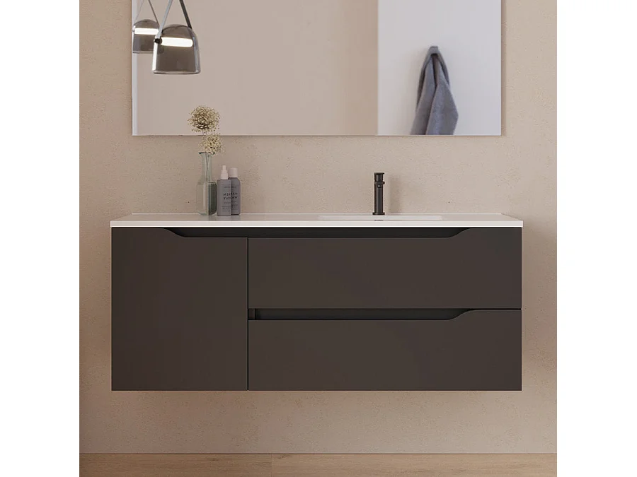 Meuble de salle de bain 120cm avec vasque déportée à droite et miroir - 2 tiroirs et un placard - noir - ZARZA