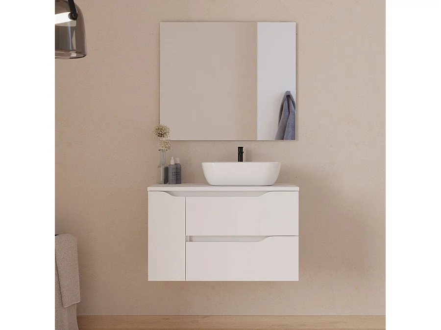 Meuble de salle de bain 80cm avec plateau et vasque à poser à droite Zeus - sans miroir - 2 tiroirs et un placard - blanc - ZARZA