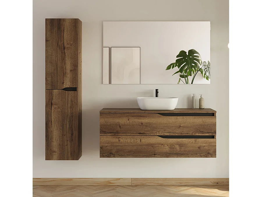 Meuble de salle de bain 120cm avec plateau et vasque ronde Zeus - 2 tiroirs et colonne de rangement - tabaco (chêne foncé) - LUNA