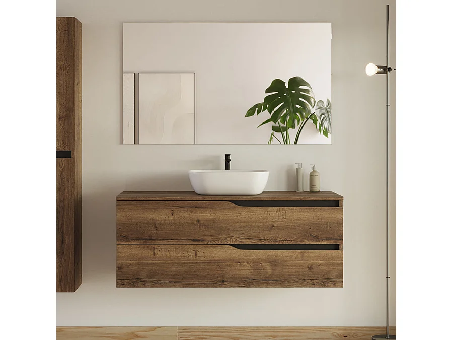 Meuble de salle de bain 120cm avec plateau et vasque ronde Zeus - 2 tiroirs et colonne de rangement - tabaco (chêne foncé) - LUNA