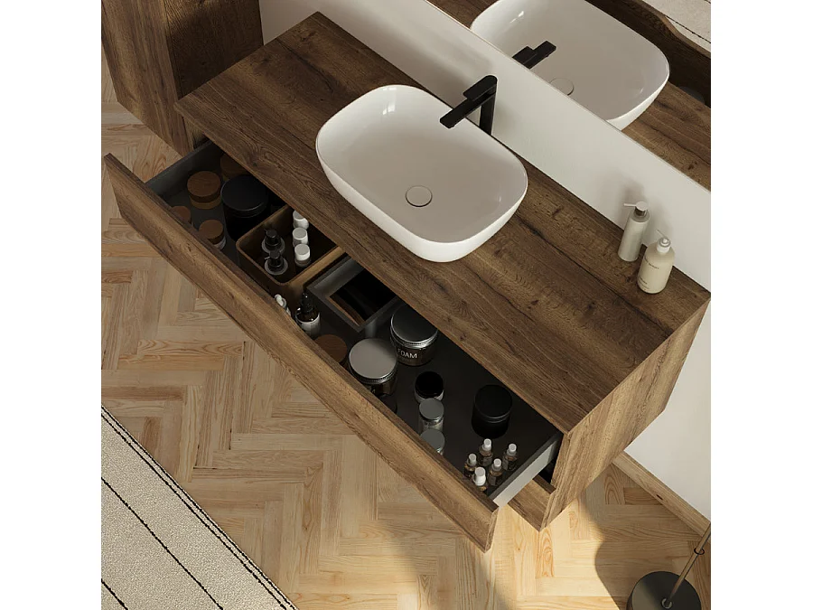 Meuble de salle de bain 120cm avec plateau et vasque ronde Zeus - 2 tiroirs et colonne de rangement - tabaco (chêne foncé) - LUNA