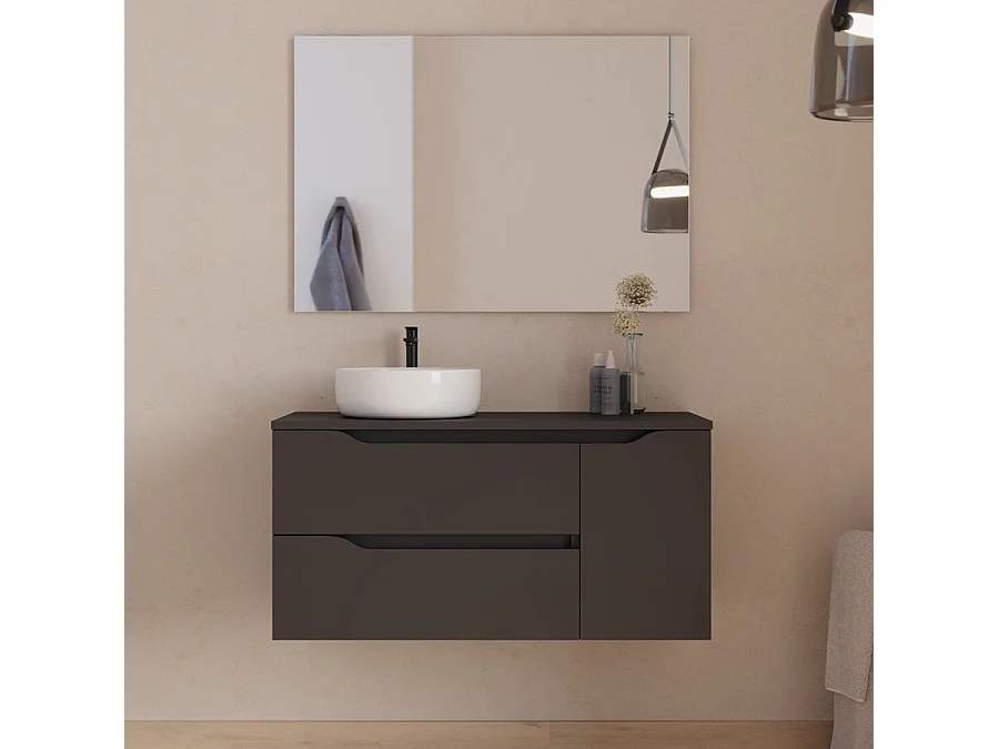 Meuble de salle de bain 100cm avec plateau, vasque à poser déportée à gauche Ares et miroir - 2 tiroirs et un placard - noir - ZARZA