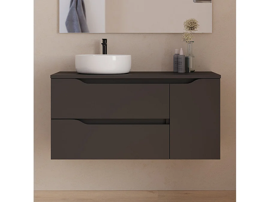 Meuble de salle de bain 100cm avec plateau, vasque à poser déportée à gauche Ares et miroir - 2 tiroirs et un placard - noir - ZARZA