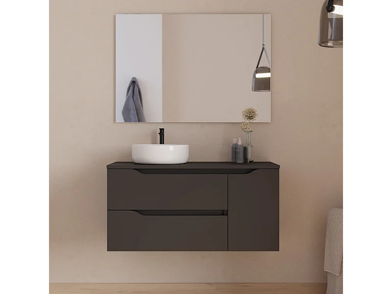 Meuble de salle de bain 100cm avec plateau, vasque à poser déportée à gauche Ares et miroir - 2 tiroirs et un placard - noir - ZARZA
