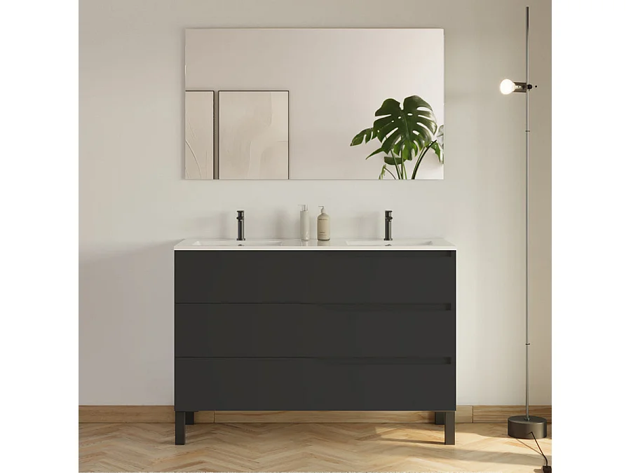 Meuble de salle de bain 120cm avec double vasque - 3 tiroirs et colonne de rangement - noir mat - MATA